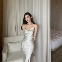 nicky white moonlight glossy drape silk inner suspender skirt vacation suspender dress female waist slimming