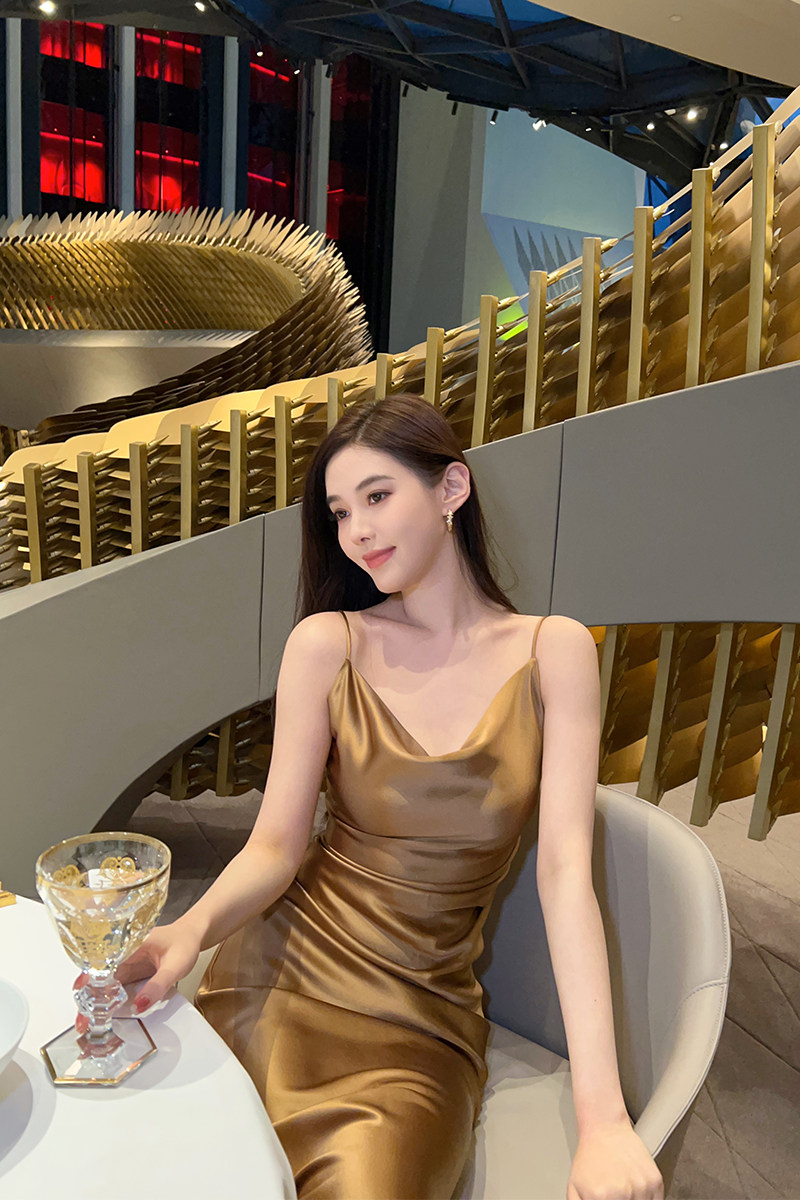 nicky high-grade satin gloss suspender skirt female 2022 spring and autumn design sense niche dress fairy