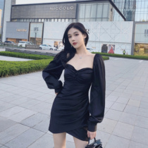 nicky super fairy ins wind black skirt retro long-sleeved small fragrant wind dress female spring and autumn new waist waist look thin