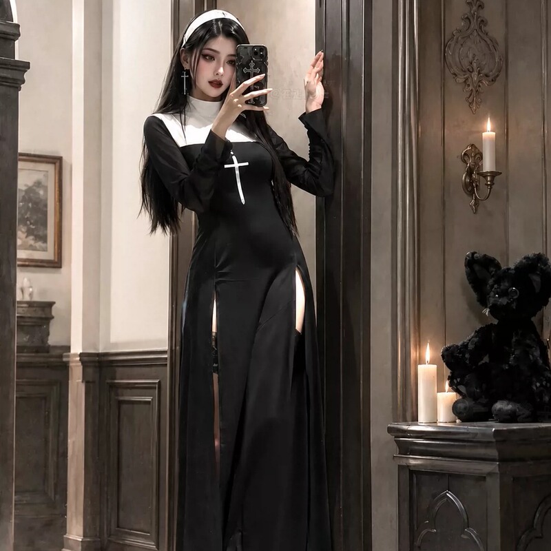 Forbidden Nun ~ Halloween Gothic Nun Costume Cosplay Mature Sister Outfit Adult Women's Slit Tight Bodycon Skirt Forbidden Nun ~ Halloween Gothic Nun Costume Cosplay Mature Sister Outfit Adult Women's Slit Tight Bodycon Skirt