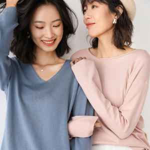 【第二件0元】圆领v领卷边羊毛衫打底衫