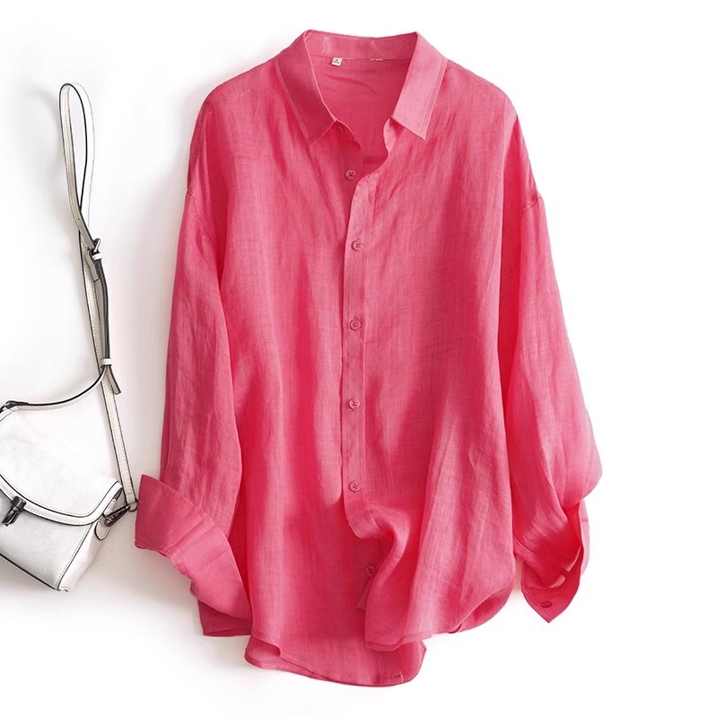 2026 Summer New Loose Casual Rose Red Sun Protection Long-Sleeved Shirt for Women Thin Outerwear Chiffon Shirt
