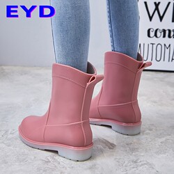 Women's Rain Boots, Japanese Style, Mid-Calf, Warm, Fashionable, Non-Slip, Autumn Rubber Shoes, Trendy Winter Water Boots