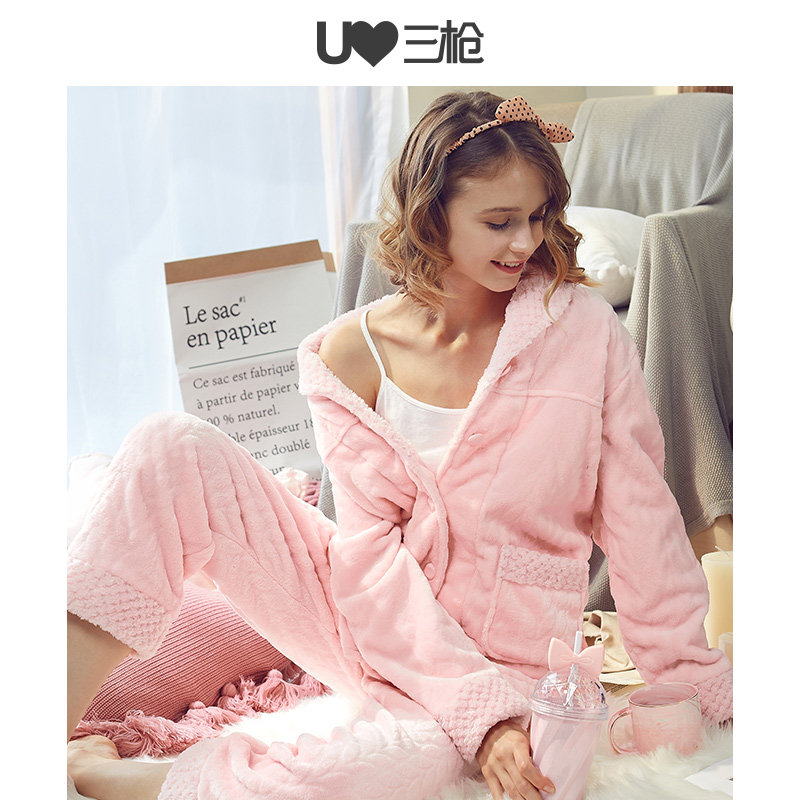 Triple Lance Pyjamas woman Coral Suede Autumn Winter Cut Pineapple Lattice Home Flap Open Flap Warm Women's Home Suit Suit