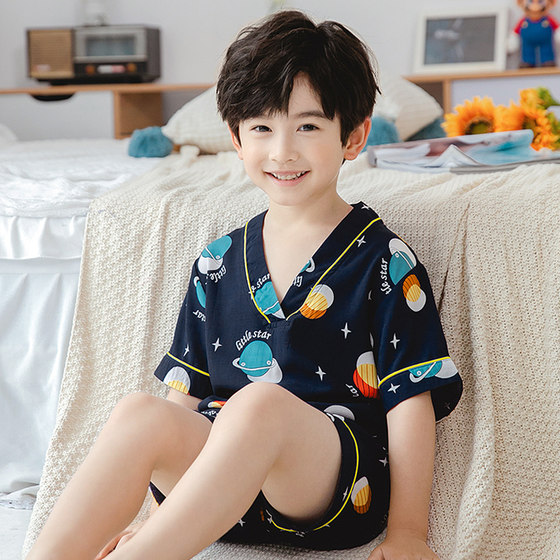 Children's pajamas summer thin cotton silk boy shorts short-sleeved cotton silk air-conditioned home clothes little boy pajamas set