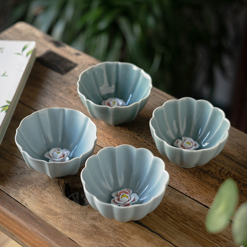 Pure hand kneaded celadon Ru kiln cup Chinese open piece Li Huiyi high-grade single cup tea set antique gift tea cup