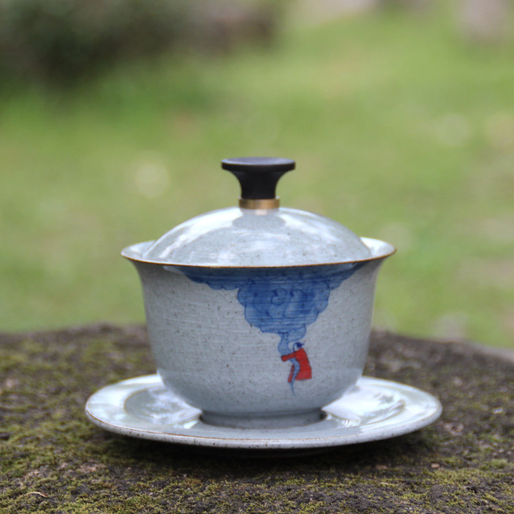 Dehua coarse pottery retro Ge Kiln Hand-painted national color Yunxiang Le Pottery Covered Gaiwan Respect tea cup Three-color cup Ceramic tea bowl