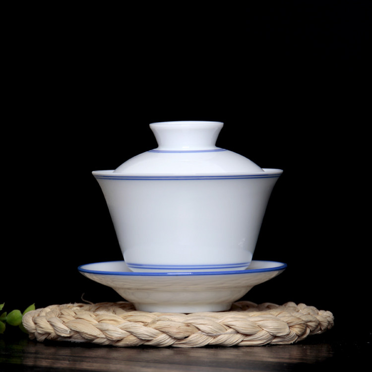 Manual Sketch Double Wire Green Flower Cover Bowl White Porcelain Tea Cup Tea Sea Fair Cup Tea Wash Tea Drain Three Talent Cup Bucket Hat Tea Bowl