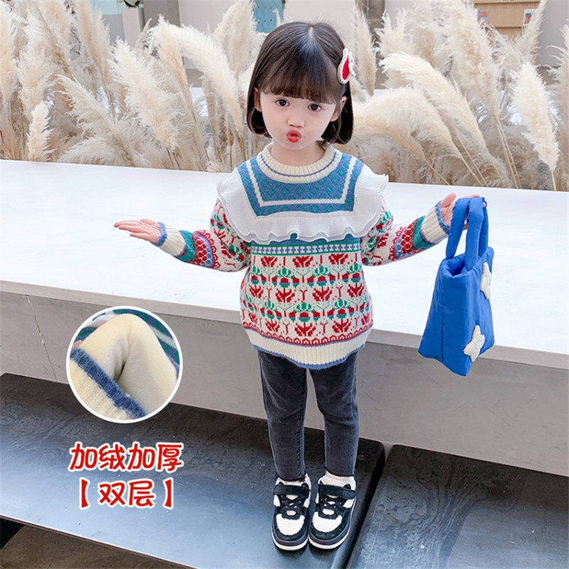 Korean children's sweater Korean version of winter clothes 2021 new girls thickened sweater children's Foreign school baby velvet top