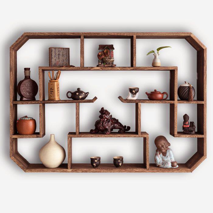 Wine Rack Wall-mounted New Chinese Small Bou Ancient Rack Solid Wood Minima Tea Room Tea House Rack Decoration Rack Large Wall Tea Cabinet-Taobao