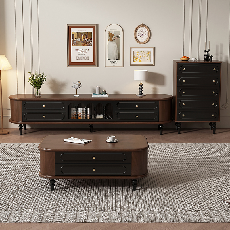 Black French-Style Vintage Solid Wood Tv Cabinet American-Style Living Room Coffee Table Tv Cabinet Combination Floor-Standing Storage Cabinet Black French-Style Vintage Solid Wood Tv Cabinet American-Style Living Room Coffee Table Tv Cabinet Combination Floor-Standing Storage Cabinet