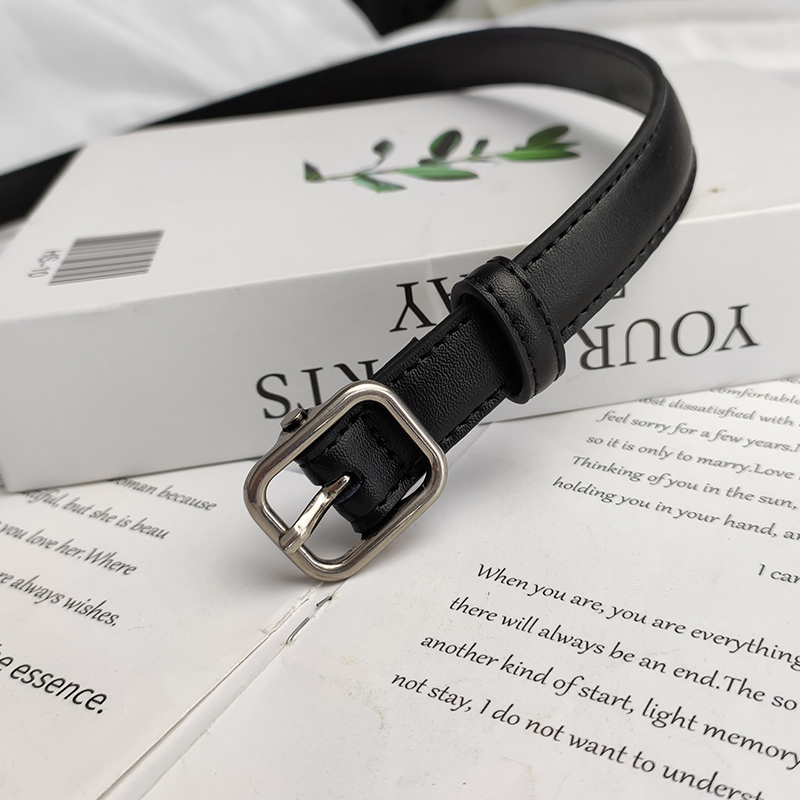Women's Genuine Leather Belt with Pin Buckle, Fashionable and Versatile Decorative Belt, Thin Black Cowhide Belt for Jeans