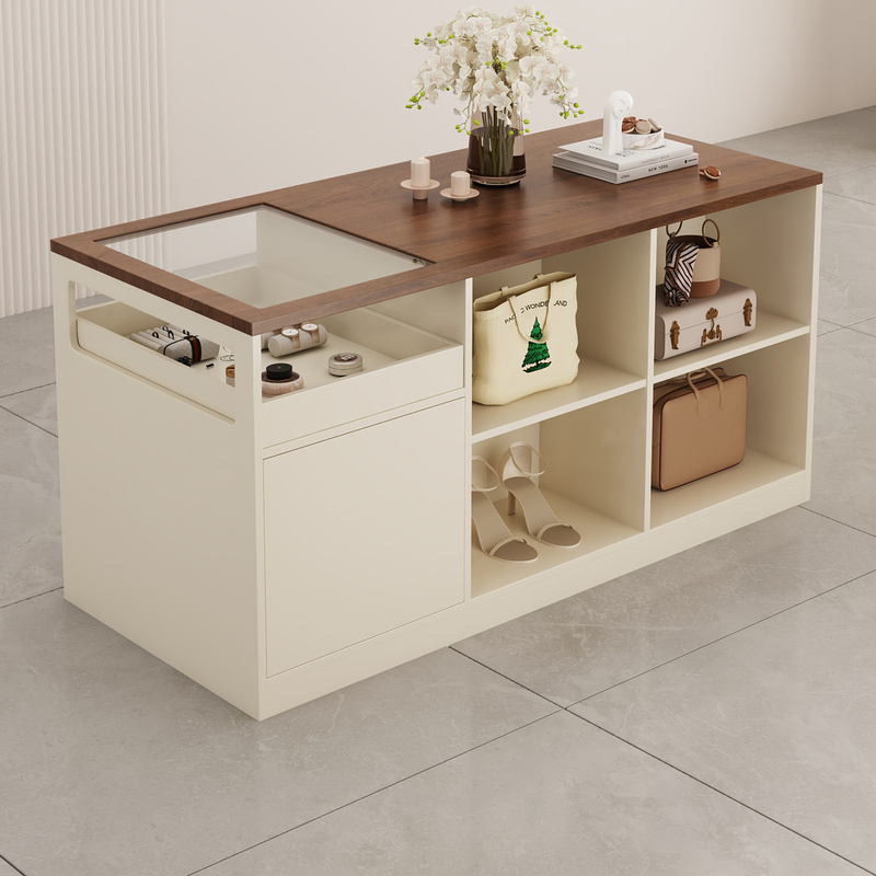 Clothing Store Island Display Cabinet, Women's Clothing Store Display Counter, Jewelry Display Stand, Glass Display Table, Cream-Style Storage Cabinet