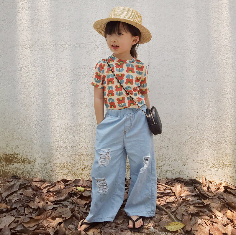 Children's clothing Girls 2019 days Department of Korean edition Summer Elegant Wind Net Yarn Flowers Printed Children Tight short sleeve T-shirts