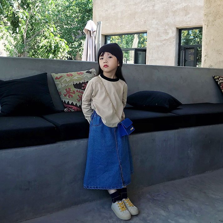 Bean Diner Girl Child Bottling Girl Fall Day Series Korean Version New Middle Children Open Slit Dresses Denim Skirt BUST