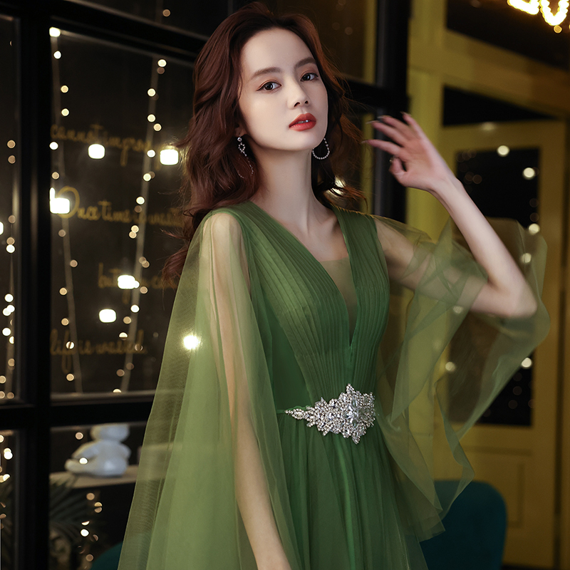 Evening Dress for Women, Light Luxury, Niche, High-End, Sophisticated, Green Morning Robe, Guzheng Performance, Art Exam, Solo and Choir Performance Costume