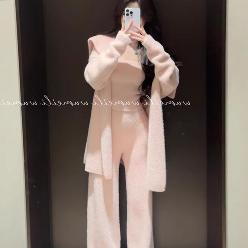 New Autumn and Winter Mink Velvet Knitted Cardigan, Camisole, Wide-Leg Pants Three-Piece Set, Stylish Casual Sweater Set, Thick