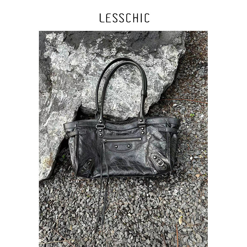 LESSCHIC [B-lecity ホリゾンタル モーターサイクルバッグ] オリジナル クラックド ラムスキン モーターサイクルバッグ、ショルダーバッグ/アンダーアームバッグ