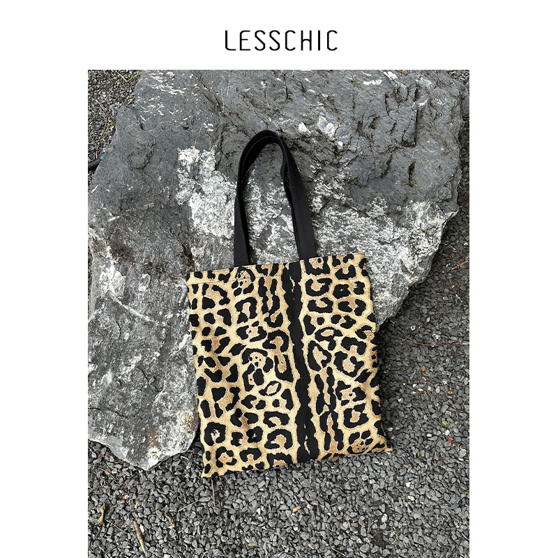 Lesschic【Y-Leopard Print Tote】Leopard Print Canvas Printed Tote Shopping Bag