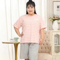 Summer womens pajamas pure cotton short-sleeved five-quarter pants striped round neck plus fat plus 200 pounds fat MM home wear set