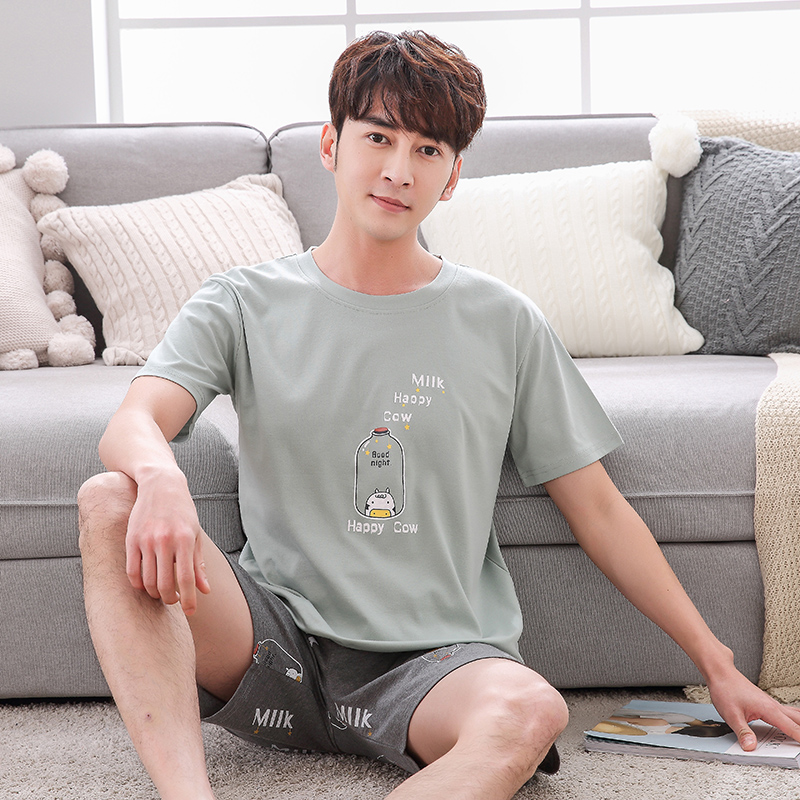 Mens đồ ngủ 12-13-15 tuổi cotton ngắn tay áo phù hợp với cơ sở học sinh trung học chàng trai mùa hè thẻ mỏng.