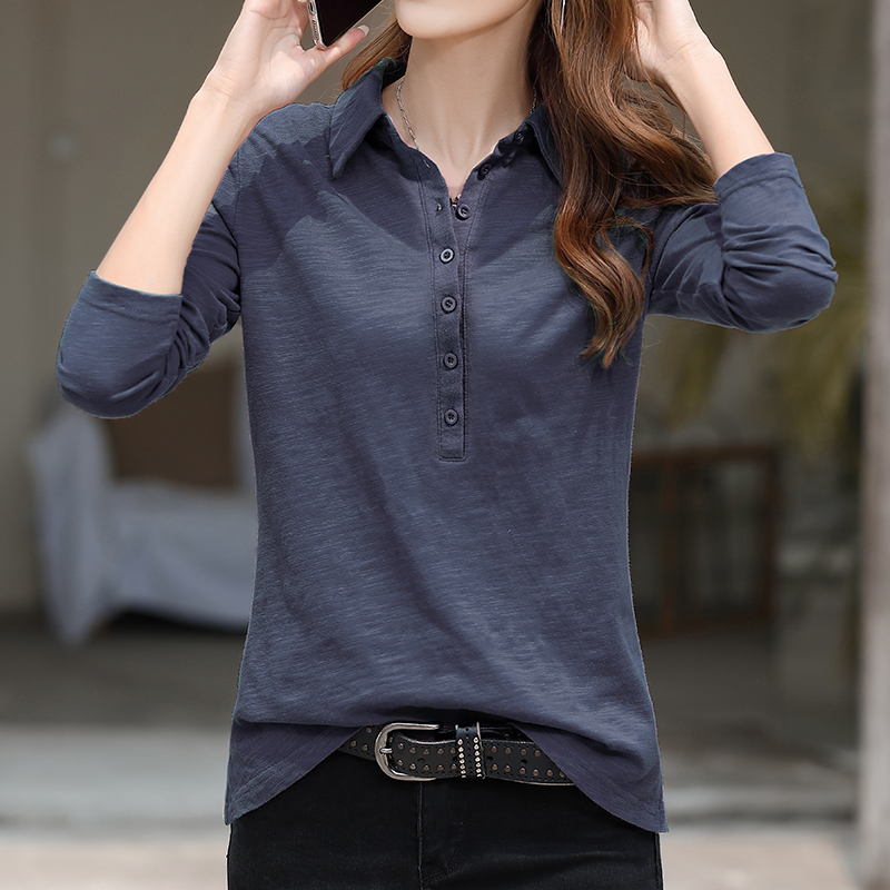 Polo Collar Long-Sleeved T-Shirt for Women 2026 Spring New Style All-Cotton Turn-Down Collar Button-Up Women's Top Base Shirt