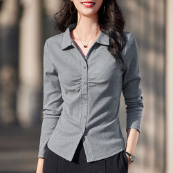 POLO collar long-sleeved t-shirt for women spring and autumn new 2024 lapel solid color button pleated versatile bottoming shirt top