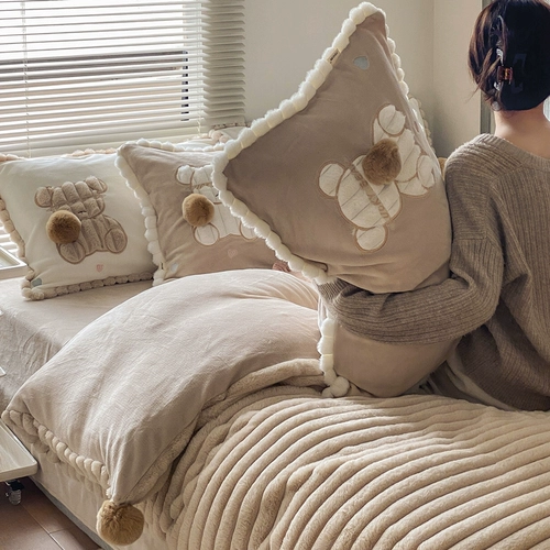 Коралловый зимний двусторонний удерживающий тепло комплект, простыня на флисовой подкладке, пододеяльник, с медвежатами, 4 предмета