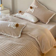 Вышивка Хунань 撸猫感驼色小熊珊瑚绒四件套冬季双面保暖牛奶绒兔兔绒床笠款被套 OTHER