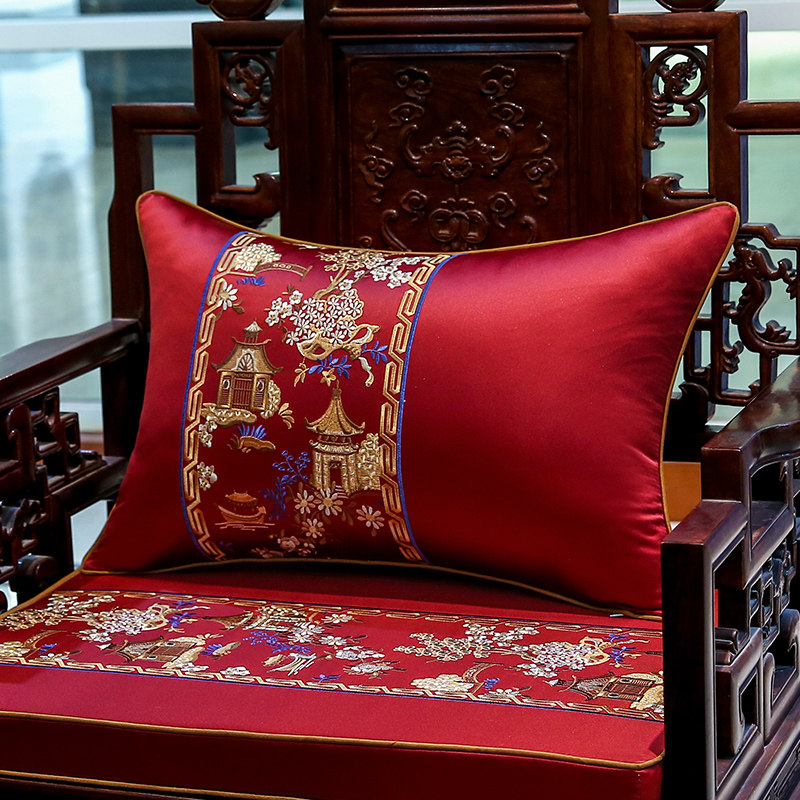 Neoclassical embroidery red wood sofa cushion Chinese wind living room chair mat solid wood furniture cushion anti-slip custom set