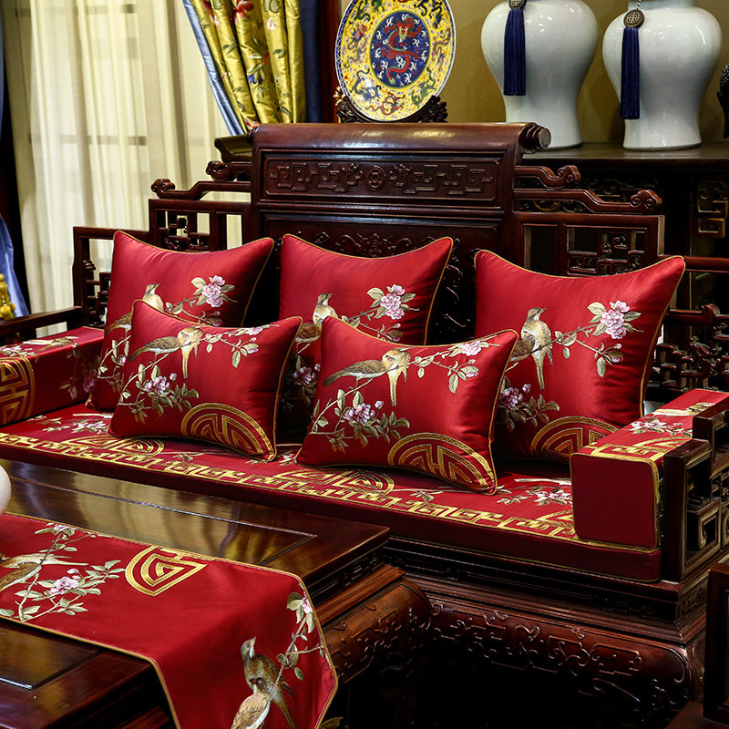 New Chinese Classical Embroidery Mahogany Sofa Cushion Chinese Style Solid Wood Furniture Chair Sponge Pad Anti-slip Custom Cover