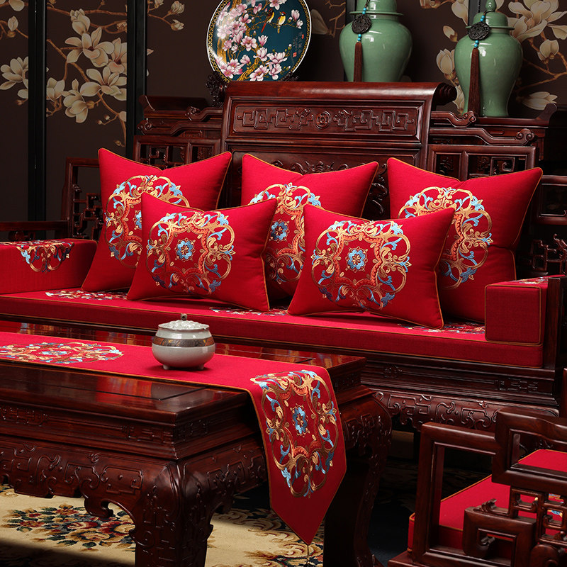 New Chinese mandwood sofa cushion solid wood furniture mat Chinese wind cotton hemp embroidered lohan bed five pieces customized