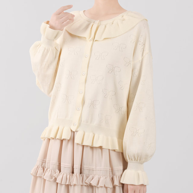 Bow hollow Lolita sweater cardigan retro knitted jk cardigan soft girl long sleeve ruffle girl cute