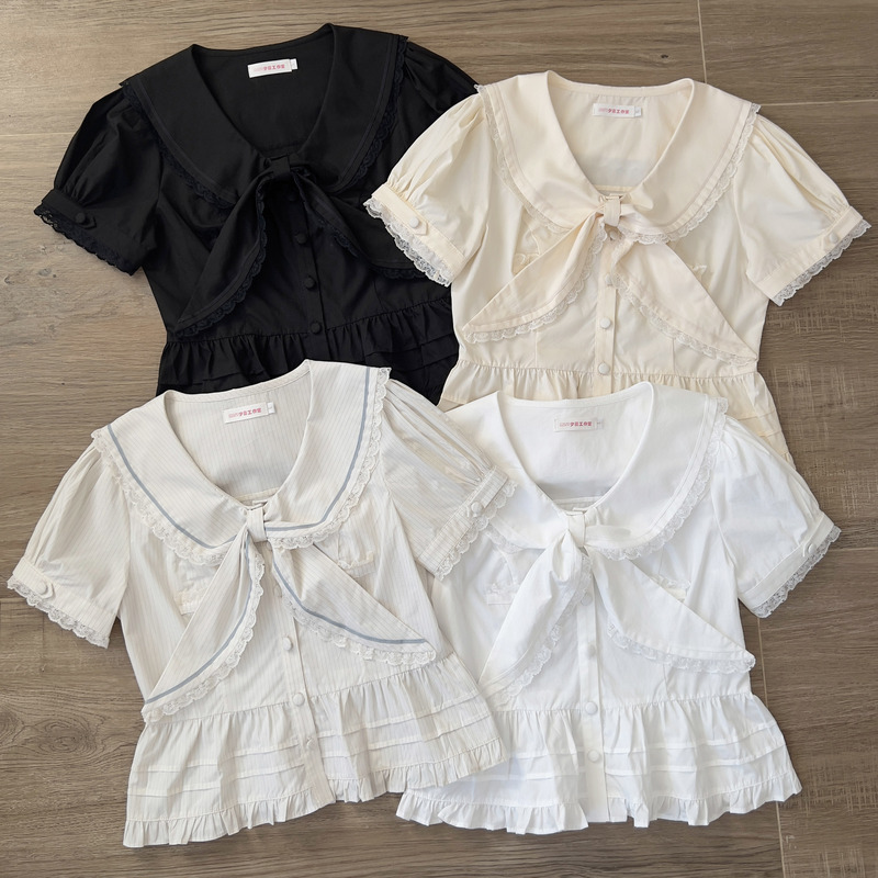 Sailor Collar Lolita Inner Layer Waist-Cinching Short-Sleeve Vintage Lace Cute Soft Girl Lolita Navy Collar Shirt for Outerwear Sailor Collar Lolita Inner Layer Waist-Cinching Short-Sleeve Vintage Lace Cute Soft Girl Lolita Navy Collar Shirt for Outerwear