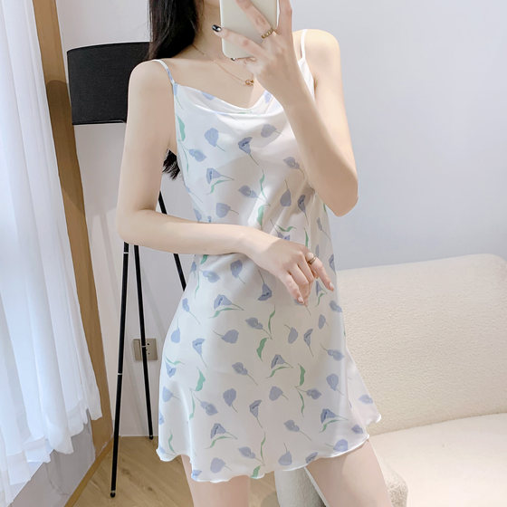 Sexy pajamas Female hot summer ice silk fresh printed suspender night skirt short skirt hip skirt net red wind can be worn outside