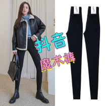 Black leggings women's outer wear autumn winter 2022 new skinny fleece thick high waist stretch pencil pants