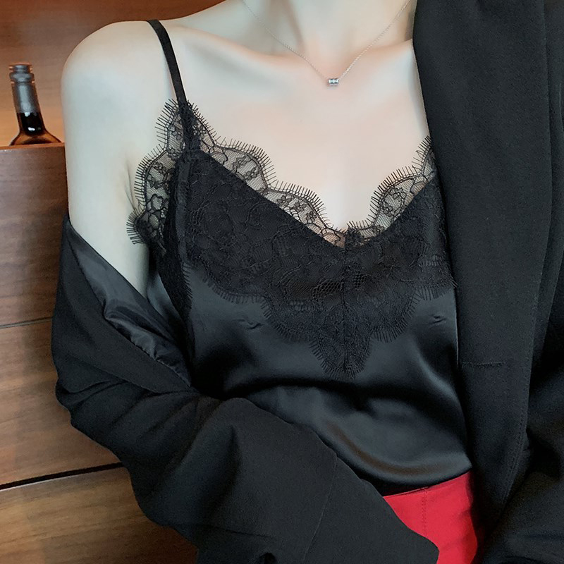 Black Camisole for Women, Summer Loose Fit, Fashionable Lace V-Neck, Sexy Satin Inner Layer Top