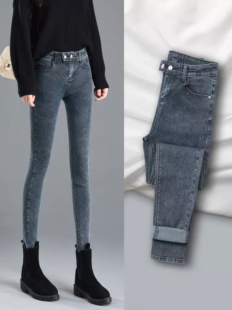 Jeans woman 2022 autumn winter new Korean version elastic body high waist display slim fit with velvety pencil small foot long pants