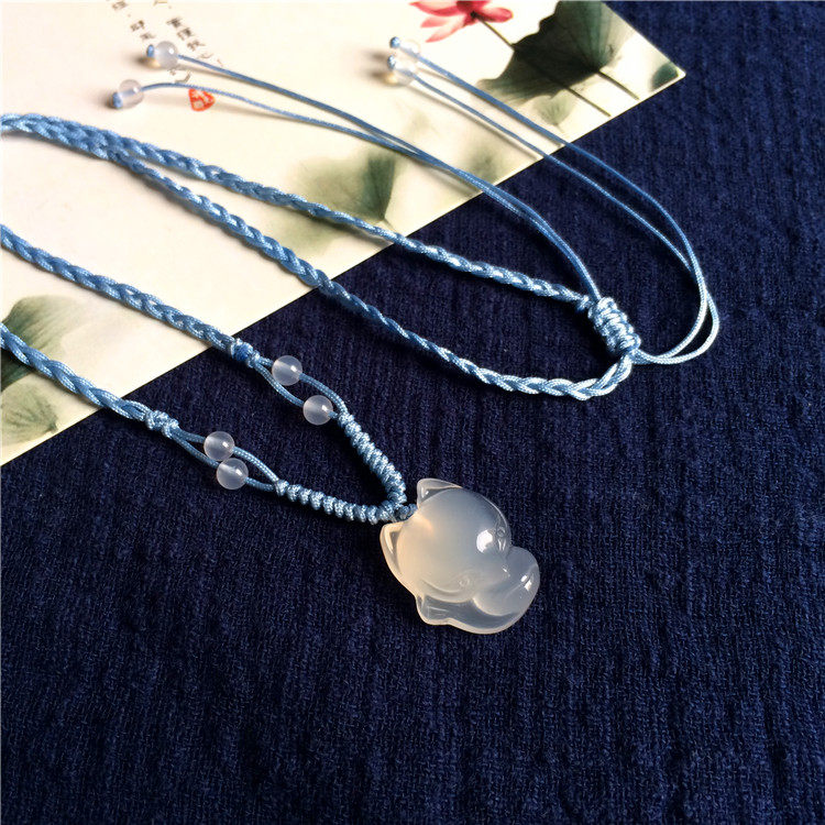 Natural ice chalcedony small fox pendant Cute little fox jade pendant Girls cute niche necklace jewelry