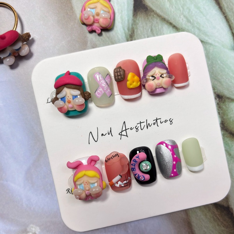 Crying Baby Purely Hand-Painted Original Wearable Nail Art Short Style Handmade Cute and Fun High-End Little Red Book Whitening Sweet Tea Nail Art Stickers