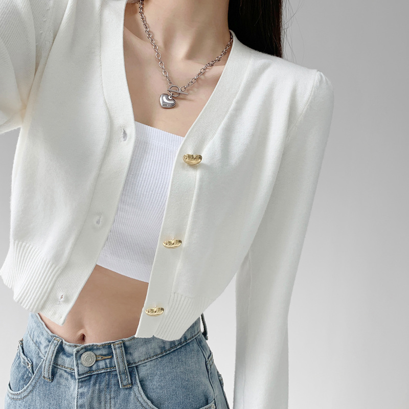 ins Simple Heart Button Knit Sweater for Women, Solid Color V-Neck Long Sleeve Sweater, Loose Slimming Short Coat, Trendy
