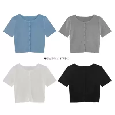 Basic American niche cardigan unnavel T-shirt ins girl Hyuna breasted knit shirt short sleeve short shirt Women