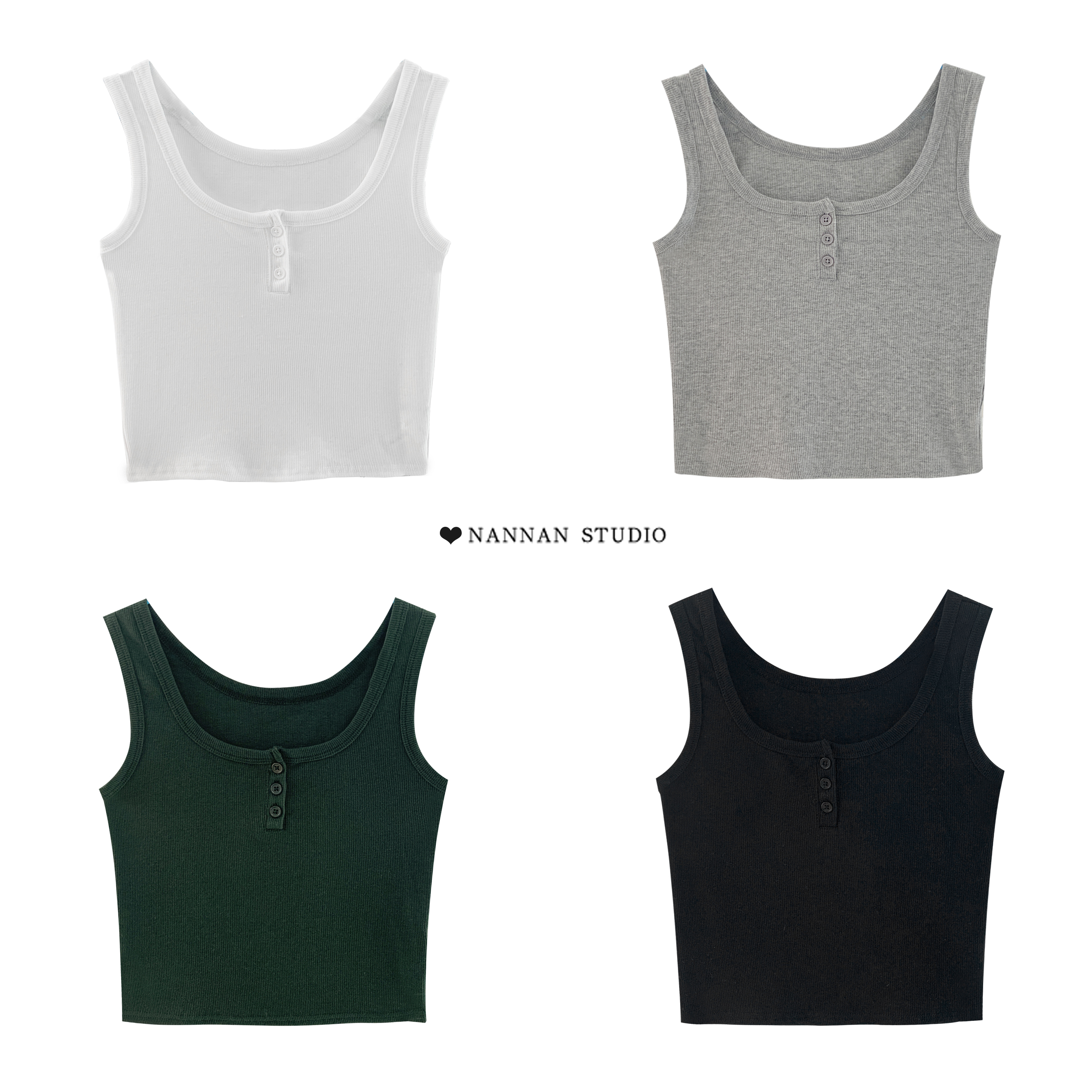 American retro-colored thread without sleeveless vest with three-grain button on top of the chest of high-waist short-form dew-navel