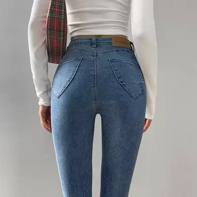 European and American high-waisted peach-hip jeans love pocket zipper stretch leggings to make old slim small-legged pencil pants