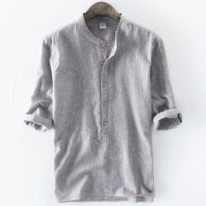 Linen short sleeve T-shirt for men 7 70% sleeves half sleeve cotton linen fabric blouse for casual loose collar striped T-shirt