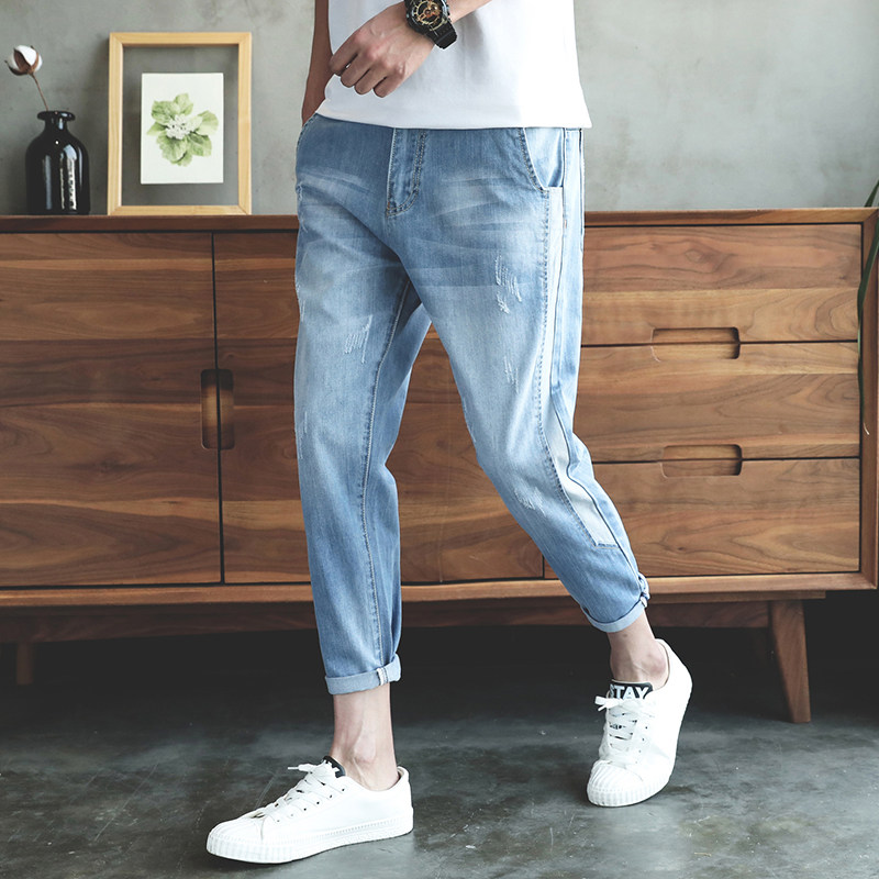 2021 90% pants Korean version trendy jeans men's large size loose casual 100 hitch winter light blue pants