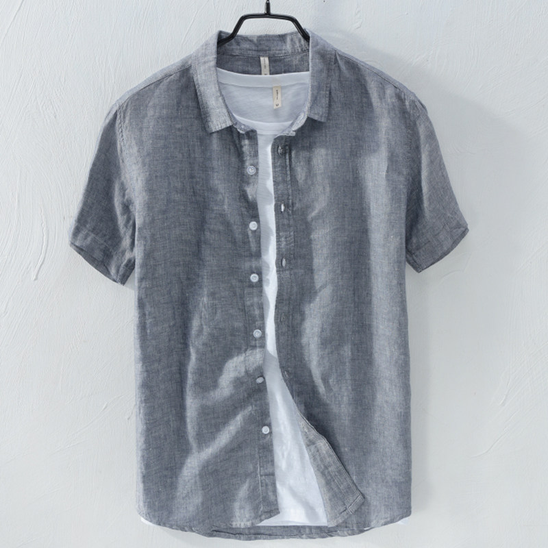 Cotton Linen Short Sleeve Shirt Men Trend Half Middle Sleeve Loose Pure Color Casual Upper Clothes Summer Linen Shirt Menswear Man