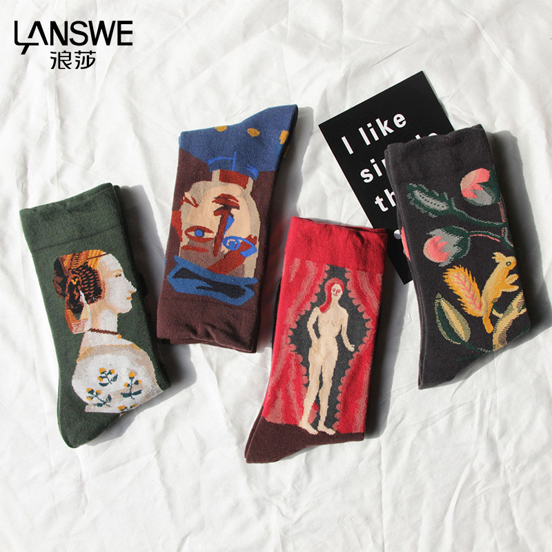 Langsha French style fun couple in tube socks female personality graffiti tide socks portrait art retro men's socks clear