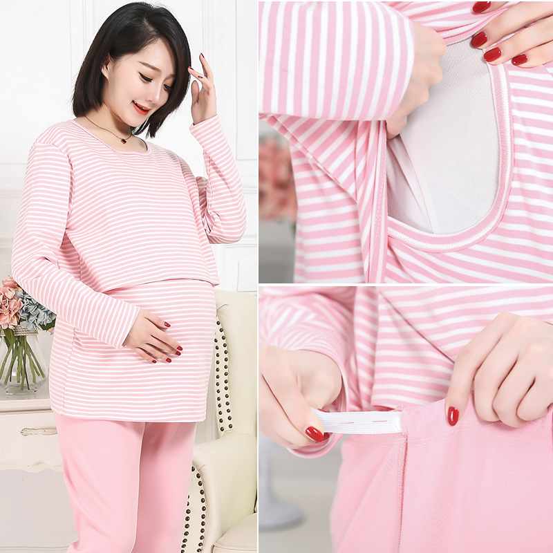 Plus fat size 200 catties pregnant women's autumn clothes sanitary pants suit thickened class A pure cotton high elastic breastfeeding round neck confinement clothes