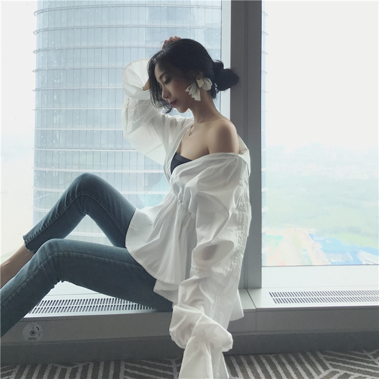 VK旗艦店 韓系慵懶設計抽繩白襯衫短袖上衣